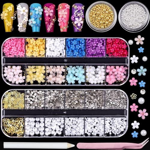 Colorful Flower Nail Charms with Rhinestones for Women Nail Design - color: Colorful-16