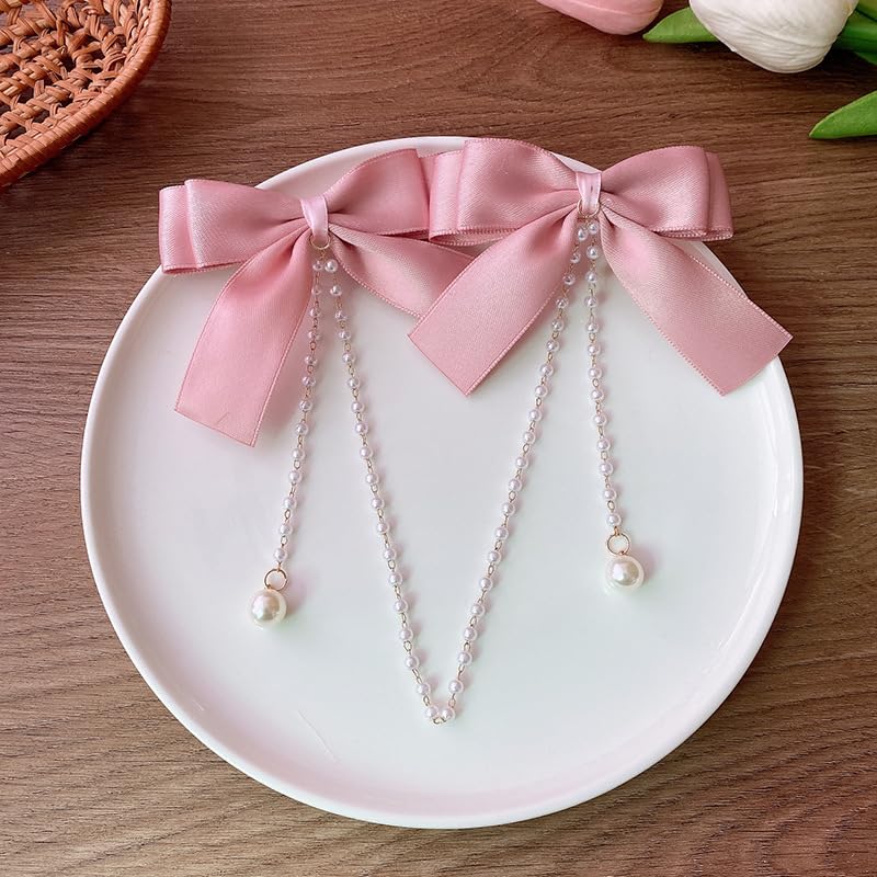 Satin Bow Hair Clips Pearl Tassel Chain Hair Bows Barrettes Pink Bow Claw Clip Hairpins Sweet Bowknot Snap Hair Clip Small Cute Alligator Hair Clips Hair Accessories for Women Girls Toddlers - color: Pink