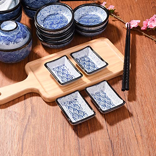 Ceramic Sauce Dish Set of 4, 3.5'' Rectangular Blue Wave Small Bowls