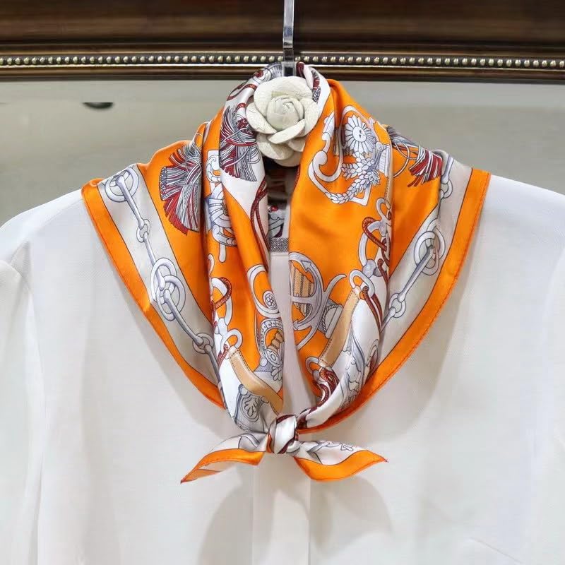 ANDANTINO 100% Mulberry Silk Scarf -21” Square Neckerchief with Gift Packed - color: Bright Orange