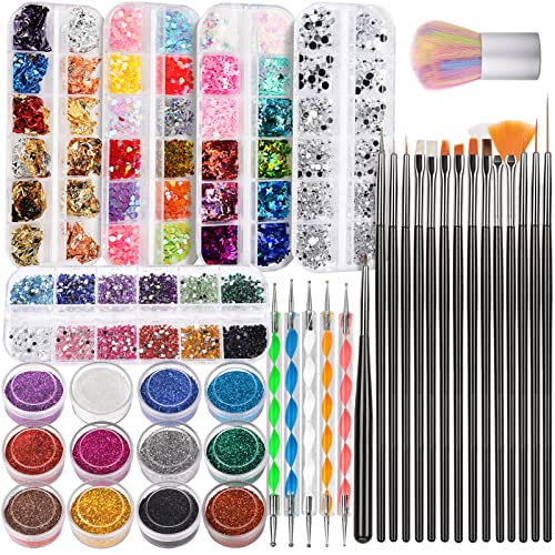 FANDAMEI Nail Art Brush, Nail Design Tools Kit with Nail Art Brushes, Nail Dotting Tools,Fine Glitter,Nail Butterfly, Nail Heart Sequins, Foil Flakes, Nail Art Rhinestones, Nail Art Decoration Kit. - color: B-Black