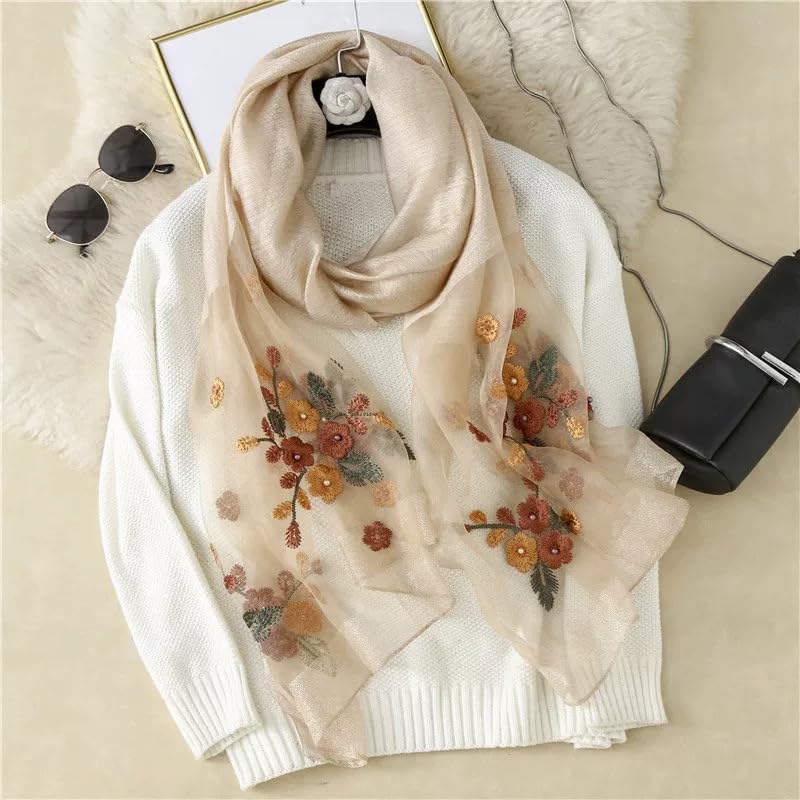 Jeelow Long Silk Blend Embroidered Floral Shawl Scarf Wrap for Women - color: Soft Beige