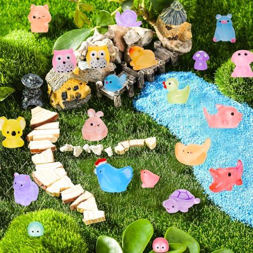 200PCS Luminous Mini Resin Animals 30 Types Miniature Resin Animal Figurines to Hide Bulk Glow in The Dark Tiny Ducks Frogs Small Cat Bunnies for Fairy Garden Micro Landscape Dollhouse Accessories - color: 200pcs-animals