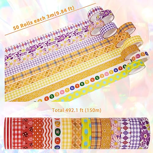 emmoolife 50 Rolls Washi Tape Set, 15mm Wide Rainbow Colored Tape Aesthetic Design Masking Decorative Tape for Scrapbooking Supplies, Bullet Journaling, Junk Journal, Wrapping Planners, DIY Arts Craft - style: Multicolor Style