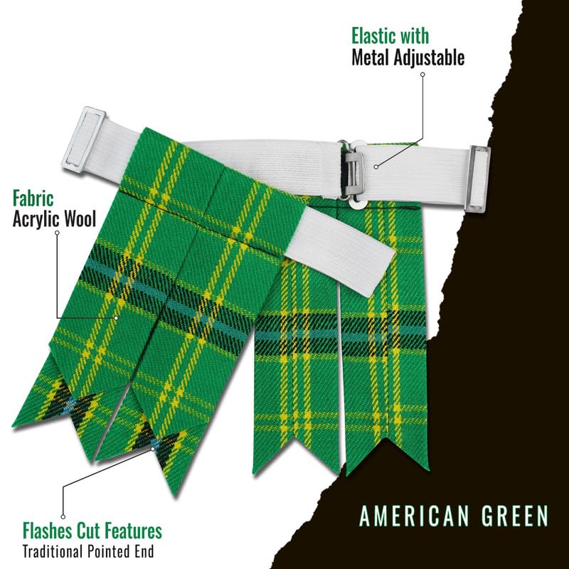 Kilt Flashes for Men with Heavy Buckle Adjusters, Plain & Tartan Kilt Sock Flashes. - color: American Green