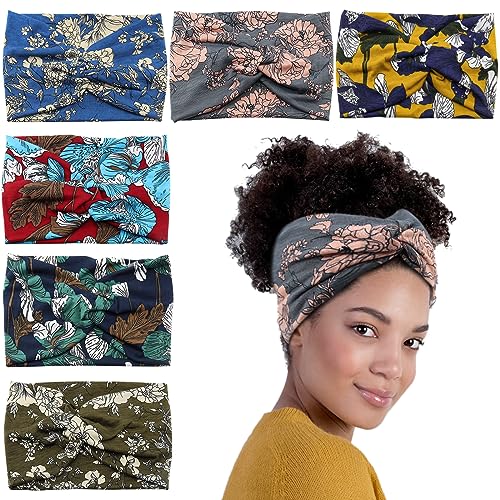 Wide Headbands for Women Girls,Floral Printed Boho Headband Turban Knot Hairband Twist Workout Headbands Fashion Yoga Hair Bands,Pack of 6 - color: Floral Printed