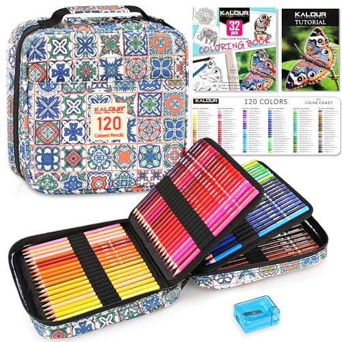 KALOUR PDAS 126 PCS Colored Pencils Set, with Coloring Books, Tutorial, Color Chart, 120 Premium Soft Core Colored Pencils for Artists Adults Teens Coloring Drawing, Portable Zipper Case