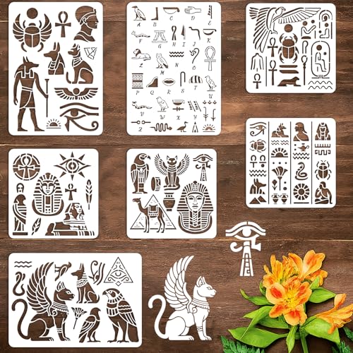 7Pcs Egyptian Hieroglyphs Stencil for Painting PET Templates Ancient Vintage Inlay Border Stencils for Furniture Reusable DIY Craft Wall Wood Fabric Canvas Paper Home Decor - color: egypt