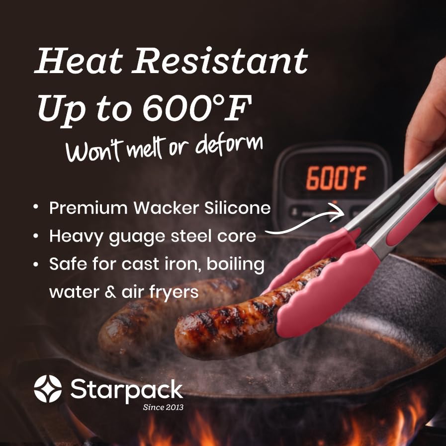 Starpack Get a Grip Silicone Kitchen Tongs (2-Pack, 9" + 12") - LFGB Non Toxic, 600°F Heat Resistant, BPA-Free - Heavy-Duty Stainless Steel, Locking - Dishwasher Safe for Nonstick Cookware - color: Earthy Pink, size: Set of 2 (9" & 12")
