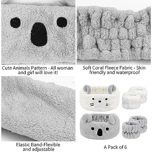 AHONEY Face Wash Headband and Wristband Set, Cute Makeup Spa Skincare Headbands Wrist Bands for Washing Face Headband for Women Girls Elastic Animal Hair Band (White&Grey) - color: Grey&White