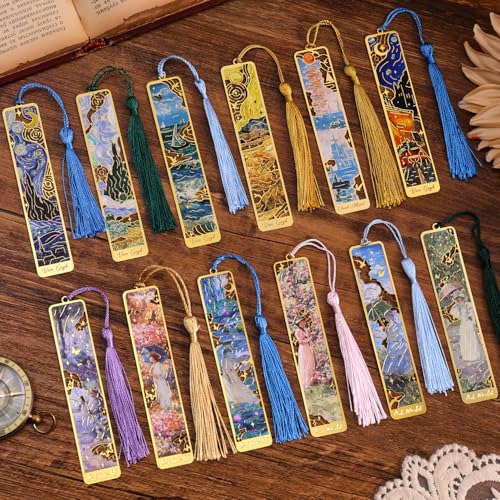 12 Pieces Metal Bookmarks with Tassel, Golden Hollow Bookmark Oil Painting Theme Girl Book Mark Bookmarks for Book Lovers Writers Readers Children Teens Men Women Adults - style: 12Pcs Garden