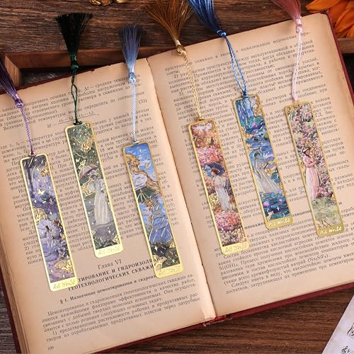 6 Pcs Vintage Oil Painting Metal Bookmarks Monet Theme Maiden Elegant Floral Classic Art Style Artistic Book Mark Reading Girl Unique Book Lover Gifts for Women, Readers & Bibliophiles - style: 6Pcs Lady