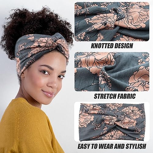 Wide Headbands for Women Girls,Floral Printed Boho Headband Turban Knot Hairband Twist Workout Headbands Fashion Yoga Hair Bands,Pack of 6 - color: Floral Printed