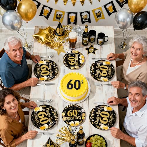 96Pcs Cheers to 60 Birthday Party Decorations, Serves 24 - style: Beer Black Gold 60th Birthday