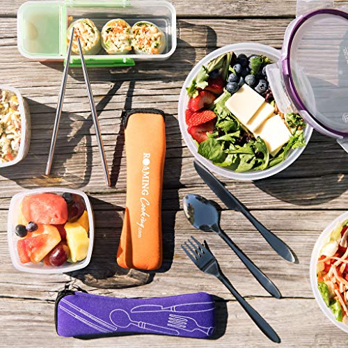 Reusable Travel Utensils with Case | Fork and Spoon Set with Knife, Chopsticks and Optional Reusable Straw– Office, Travel, or Camping Accessories| Lightweight Sturdy Reusable Utensils - color: 4pc Set - Navy Blue