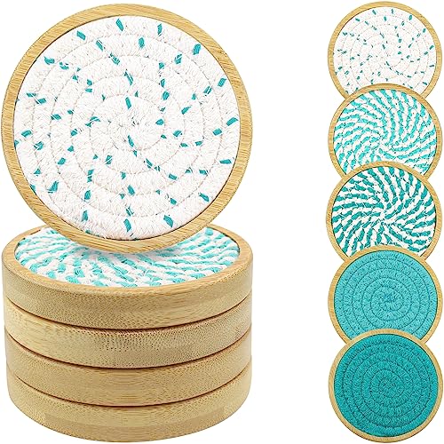 Eykao Bamboo Coasters for Drinks, Absorbent Coaster Sets of 5, Woven Drink Coasters for Coffee Table, Housewarming Gift for Farmhouse Home Decor,4 inches (Lake Blue Series) - color: Lake Blue