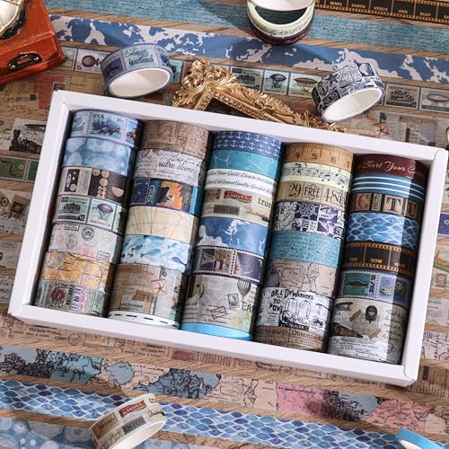 38 Rolls Vintage Washi Tape Set, Vintage Travel Stamp Map Scenery Art Letter Writable Decorative Tapes for Scrapbooking , Junk Journal Supplies, Bullet Journaling 5-25mm Wide 9.84ft long/Roll - style: Travel Memory