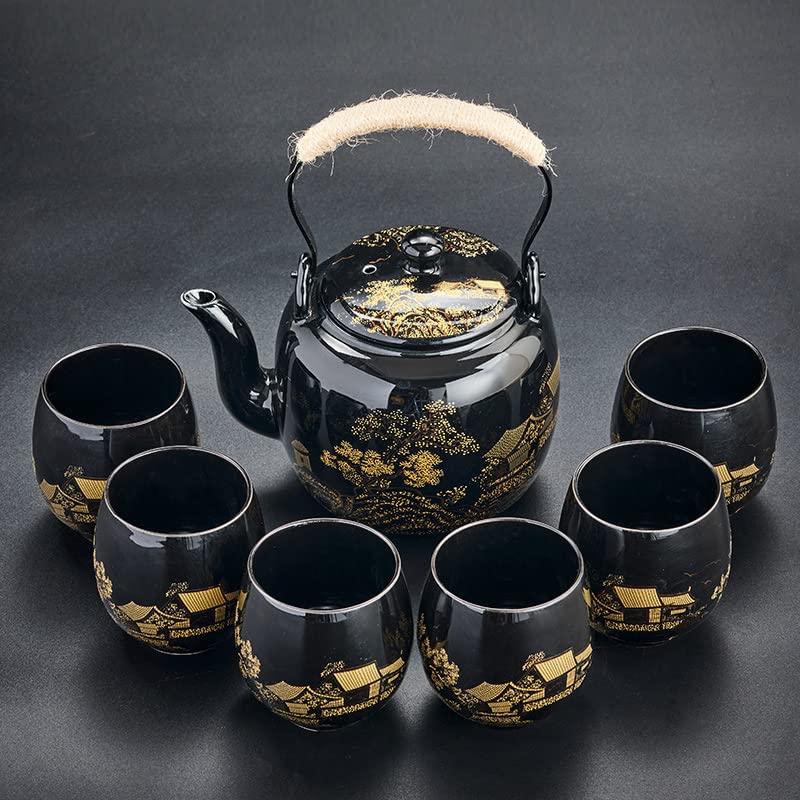 Gift Set Japanese Tea Set, Asian Black Glazed Ceramic Tea Set - Contains 1 Teapot, 1 Tea Strainer and 6 Teacups. Ideal for Home, Outdoor, Office (Black2) - color: Black2