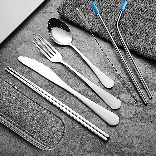 Travel Utensils Set with Case Reusable Portable Cutlery Set Stainless Steel 8pcs Including Dinner Knife Fork Spoon Chopsticks Straws(Silver) - color: Silver