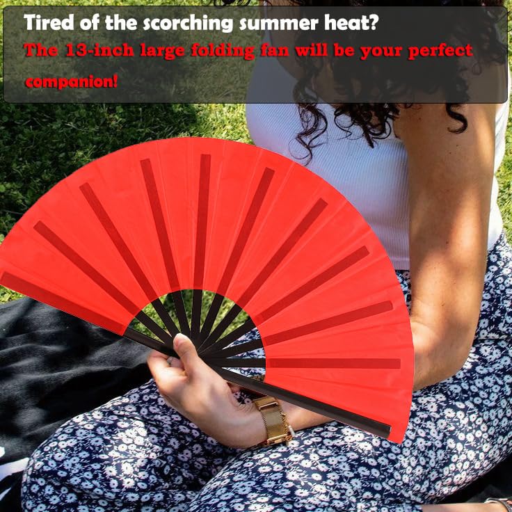 13inch Large Rave Fan Popping Fan Clacking Fans for Line Dancing,Hand Fans for Women Foldable,Boots on The Ground Fan,Portable for Outdoor,Wedding,Party,Decoration(Red+Black Ribs,2 Packs) - color: Red+black Ribs