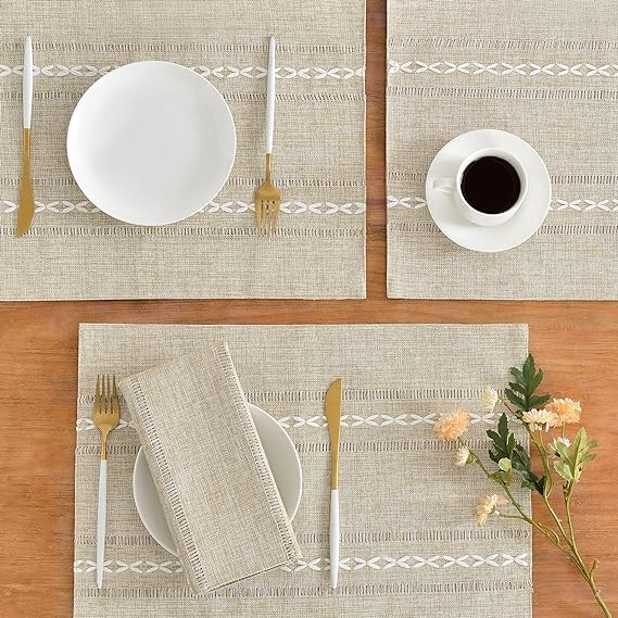 Wracra Cotton Linen Place Mats, Coffee Embroidered Placemats Set of 6 - color: Hemstitched Coffee, size: Placemats(Set of 6)