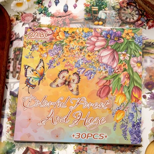 Multi-Tone Garden Theme Scrapbooking Supplies for Junk Journal - 30 Sheets PET Stickers - Vintage Journaling Ephemera Sticker Book Pre Cut(TZ-005-004) - color: Color Forest