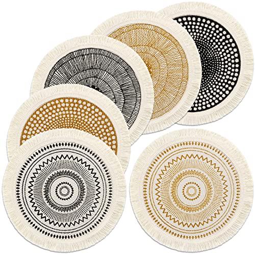 Set of 6 Round Placemats 13 Inch Cotton Woven Mandala Tassels Table Mats - color: Spiral-6pcs