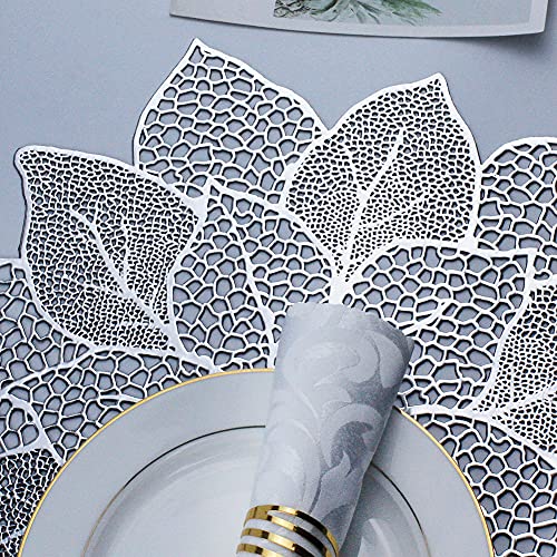 Silver Round Placemats for Dining Table Set of 6 Vinyl Metallic Table Mats - color: A5/Hibiscus/Silver