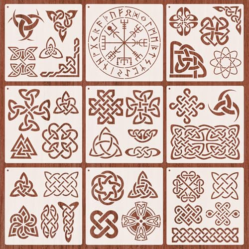9-Pack Celtic Knot Stencils for Painting on Wood- 8x8 Inch Reusable Drawing Templates for Wood Painting, Wall Art, Baking Decor & DIY Crafts, Traditional Interlace Pattern Designs (Style B) - color: Style B