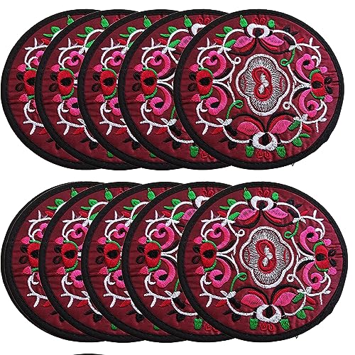 Zhiheng 10 Pack Vintage Ethnic Fabric Coasters Floral Embroidery Cloth Coasters Round Coffee Cup Mat Drink Tableware for Housewarming Party Table Home Decorations (Burgundy) - color: Burgundy