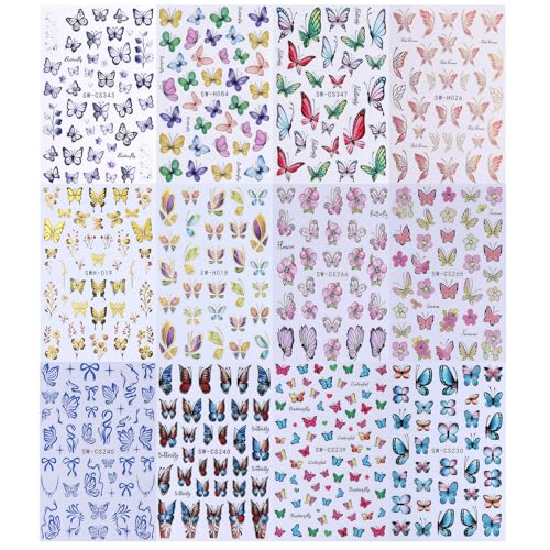 Butterfly Nail Art Stickers Decals 12 Sheets 3D Self-Adhesive Nail Decals Purple Blue Gradient Butterflies with Flower & Leaf Designs Stickers for DIY Manicure Acrylic Gel Nail Decorations for Women - style: Butterfly Flower