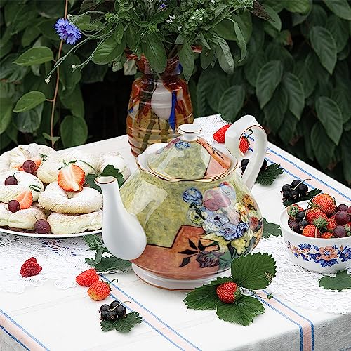 Teapot 30 oz Vangogh Paintings Bone China Loose Tea Pot Floral Design Vintage Ceramic Coffee Water Pot European Style Porcelain (Flower Vase) - color: Flower Vase