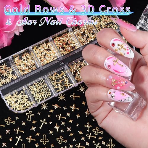 5 Boxes Gold & Silver Metal Nail 3D Punk Studs Star Cross Bow Gems and Small Caviar Beads Pearls Rhinestones Nail Art Jewels with Tweezers and Nail Brush and a Wax Pen Picker(9-Gold & Silver Studs) - color: 9-gold & silver studs