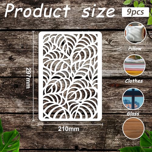 9Pcs Tree Leaf Texture Stencil PET Painting Templates Leaves Inlay Border Stencils for Furniture Reusable DIY Craft for Wall Wood Fabric Canvas Paper Home Decor - color: leaf texture
