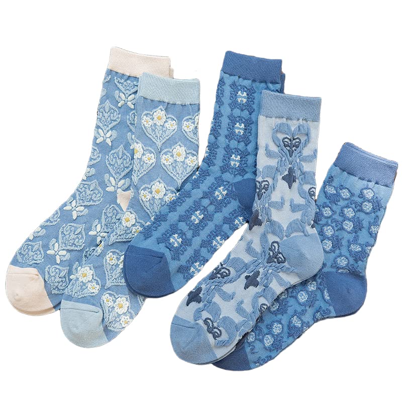 Vintage Embroidered Floral Socks for Women Combed Cotton Crew Socks - color: 5 Pairs - Blue