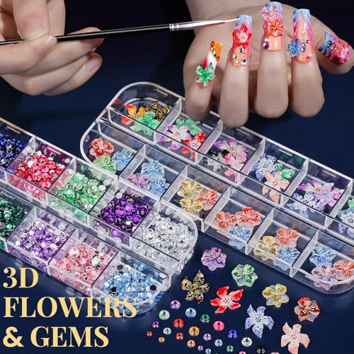 FANDAMEI Nail Art Brushes, Nail Art Kit with 15 Pcs Nail Art Brush, 5 Pcs Dotting Tools, 6 Box Nail Charms and Gems, 10 Flower Nail Stickers, Complete Nail Decoration Art with Nail Art Brushes Black - color: black