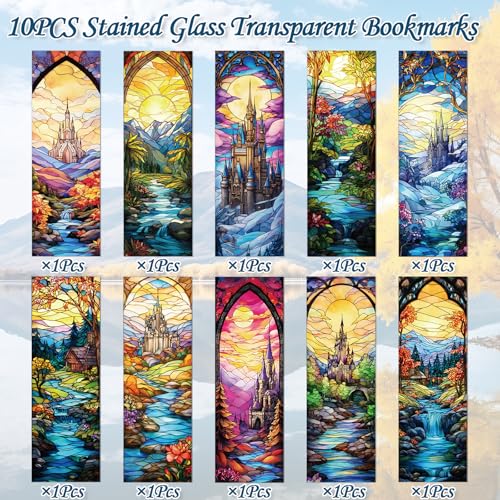 Fantastic Stained Glass Transparent Bookmark - Wxiben 10 Pcs Moon Castle Transparent PVC Bookmark Dark Romance Book Mark Page Clips Gifts for Women Men Book Lovers Teacher Student Bookish Readers - style: Fantastic Stained Glass