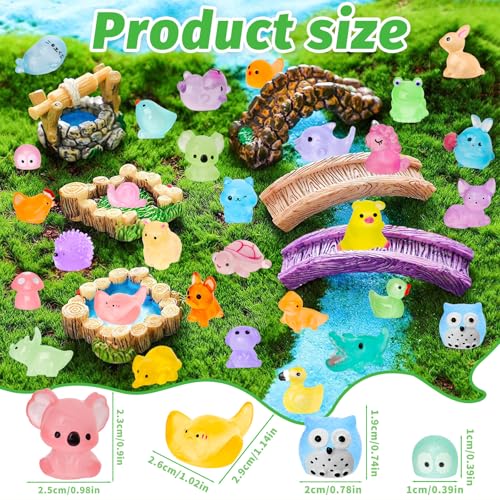 200PCS Luminous Mini Resin Animals 30 Types Miniature Resin Animal Figurines to Hide Bulk Glow in The Dark Tiny Ducks Frogs Small Cat Bunnies for Fairy Garden Micro Landscape Dollhouse Accessories - color: 200pcs-animals