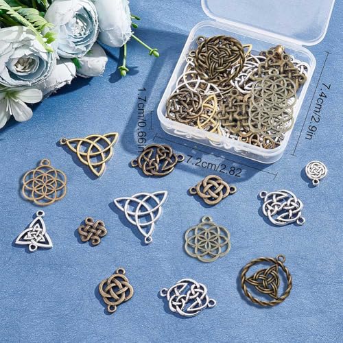 SUNNYCLUE 1 Box 56Pcs Knot Charms Celtic Knot Charm Irish Trinity Linking Connetor Charm Knots Beads Tibetan Style Flat Round Alloy Pendants for Jewelry Making Earrings DIY Supplies Adult