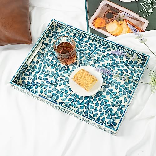 Serving Tray 15.7" X11.8", Lacquer Mother of Pearl Inlay Mosaic Tray, Rectangle Wooden Marble Tray with Handles Trays for Tea, Breakfast in Bed, Table (Blue) - color: Leaf Style