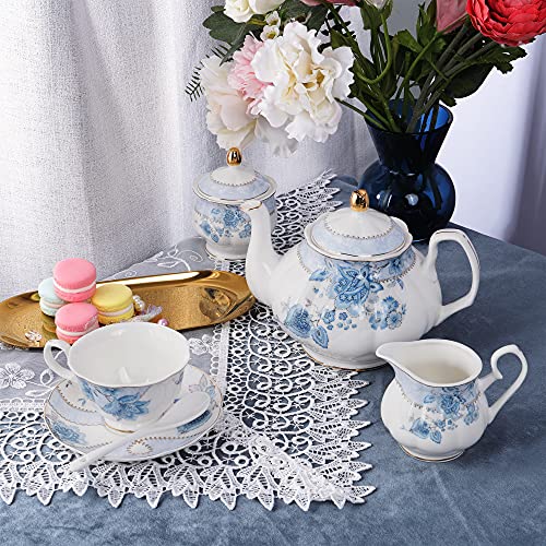 fanquare Blue Flowers Porcelain Tea Set Service for 6 - color: Blue