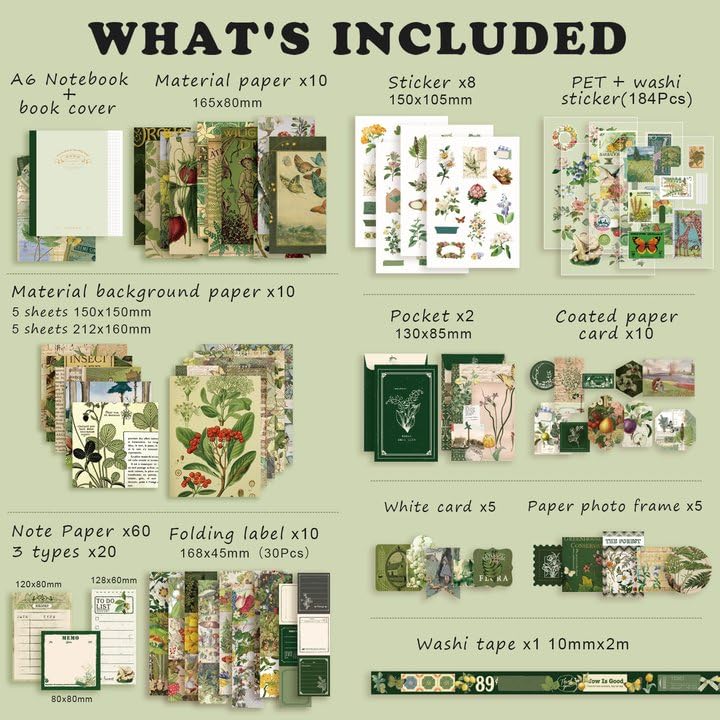 Draupnir Scrapbooking Supplies Kit,Vintage Botanical Aesthetic Scrapbook Kit for Junk Journal, Stationery,Bullet A6 Grid Notebook DIY Scrapbook Birthday Craft Gift for Teen Girl Kid Women - color: Forest