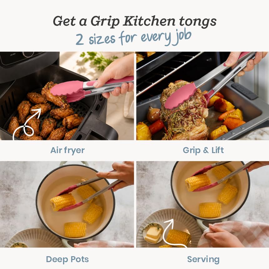 Starpack Get a Grip Silicone Kitchen Tongs (2-Pack, 9" + 12") - LFGB Non Toxic, 600°F Heat Resistant, BPA-Free - Heavy-Duty Stainless Steel, Locking - Dishwasher Safe for Nonstick Cookware - color: Earthy Pink, size: Set of 2 (9" & 12")
