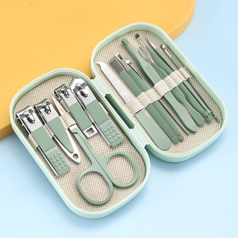 Stainless Steel Nail Clipper Set, Portable Manicure and Pedicure Grooming Kit with Travel Storage Case for Fingernails and Toenails, Men and Women (14-in-1) (Green) - color: Green