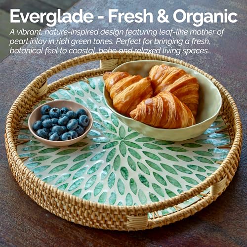 JUNGLE CULTURE Round Rattan Tray with Mother of Pearl Inlay • Everglade 14" - color: Everglade, size: 13.7"