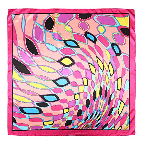 AWAYTR 2-Pack 35" Silk-Like Satin Head Scarves for Women, Square Bandanas - color: Elliptical Grid(rose+blue)