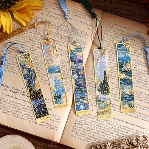 icceemee 12 Pieces of Gold Hollow Bookmarks with Tassels, Featuring Van Gogh and Monet Oil Painting Themes Perfect for Book Lovers, Writers, Readers, Children, Teenagers, Men, Women, and Adults - style: Oil Painting Themes 12