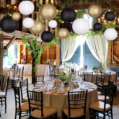 Paper Lanterns Party Decorations, 15 Pcs Black Gold White, 4-12 Inch - color: Black Gold