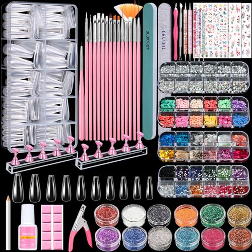 Acrylic Fake Nails Kit Press On Nail Kit with Clear Coffin Nail Tips Nail Display Stand Sequins Sticker Rhinestones Decorations Nail Glue Nail Clay Fine Glitter DIY Nail Art Tool and Supplies - color: Acrylic Fake Nails Set