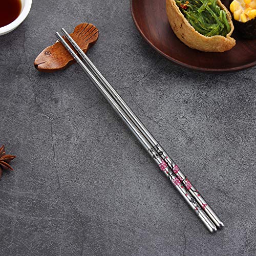 Stainless Steel Chopsticks, Metal Chopsticks, Reusable Non-slip Design Chop Sticks, 5 Pairs Gift Set,Plum Pattern Design - color: Wintersweet